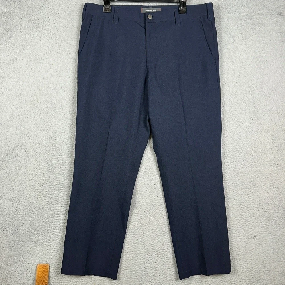 Bluffworks Original Travel Pants Mens 36X32 Blue Regular Fit Chino Flat Front